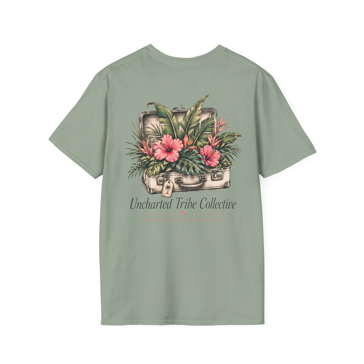 Packed the Island T-Shirt in Sage, back view.