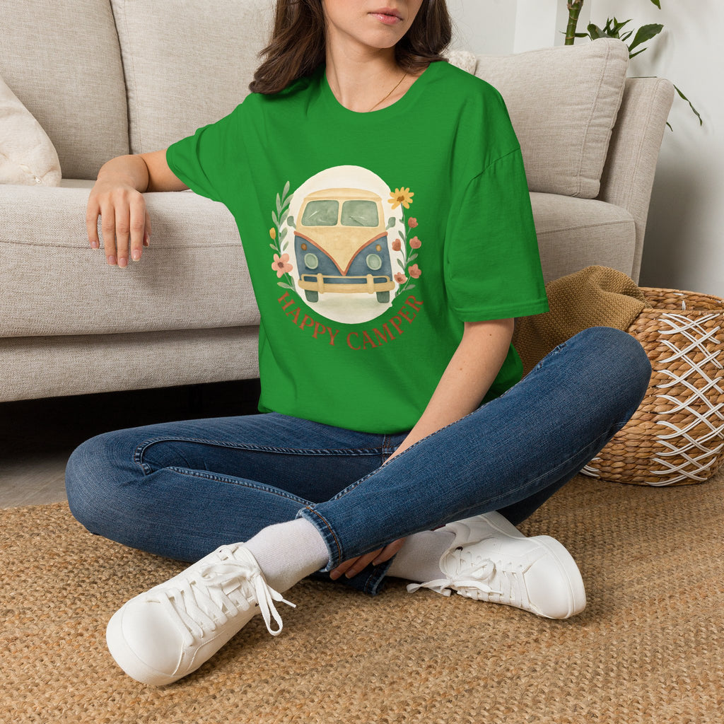 Floral Camper Van 2 T-Shirt in Irish Green, front view on a seated model.