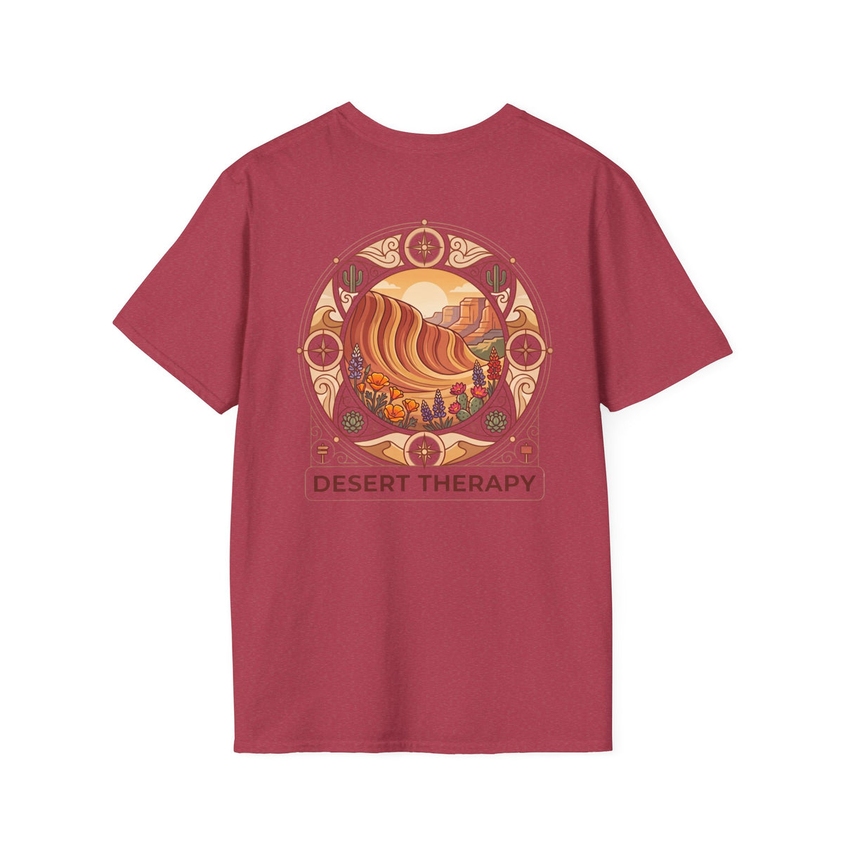 Desert Therapy T-Shirt — Desert Arch in Heather Cardinal, back view.