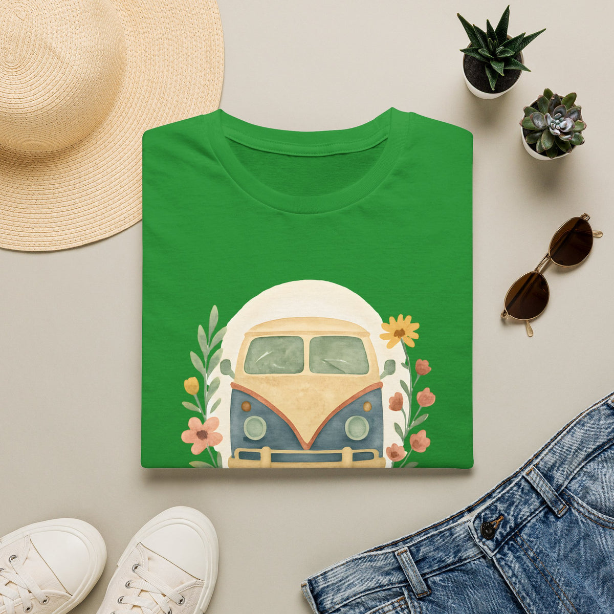 Floral Camper Van 2 T-Shirt in Irish Green, folded front flat lay.