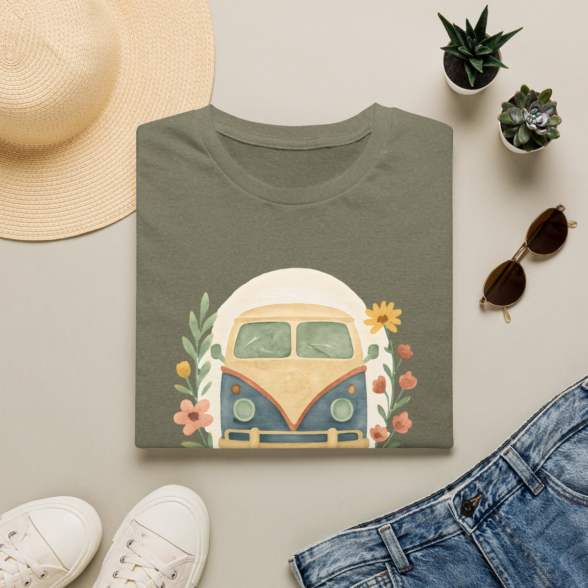 Floral Camper Van 2 T-Shirt in Heather Military Green, folded front flat lay.