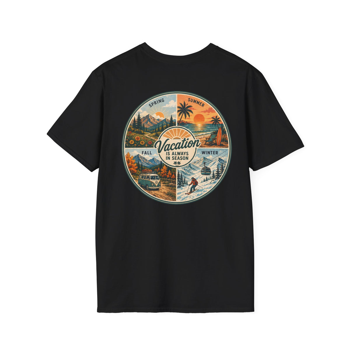 Vacation is Always in Season T-Shirt in Black, back view.