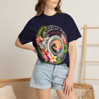 Floral Camera T-shirt in True Navy, front view on a standing model.