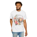 Floral Camera T-shirt in White, front view on a standing model.