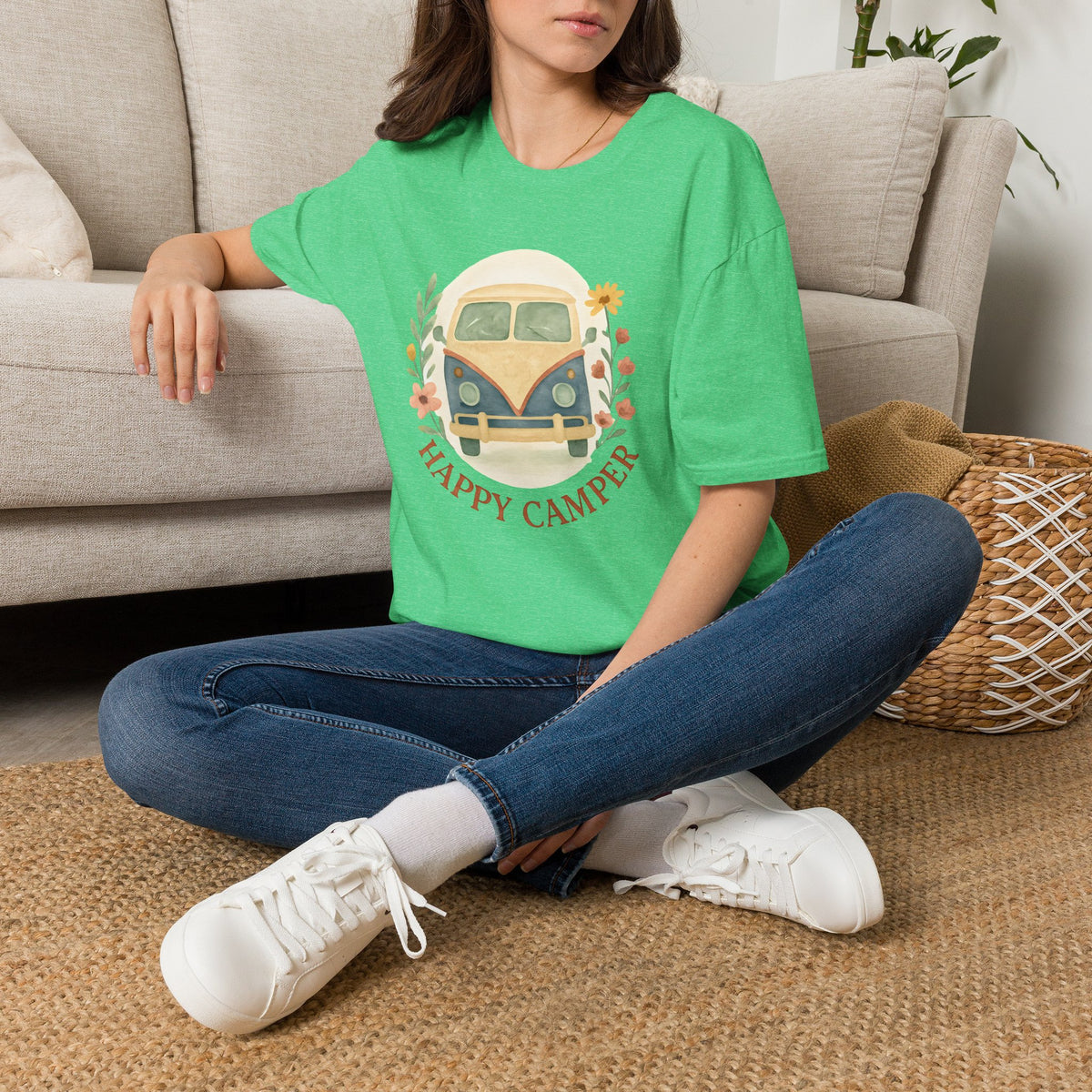 Floral Camper Van 2 T-Shirt in Heather Irish Green, front view on a seated model.