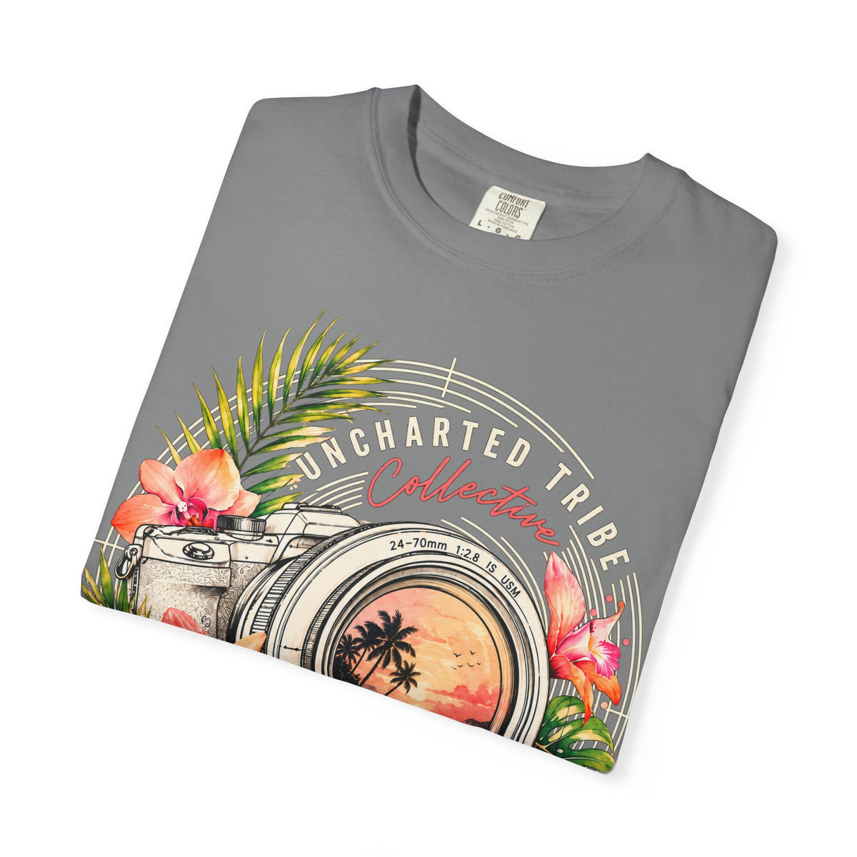 Floral Camera T-shirt in Grey, folded front detail.