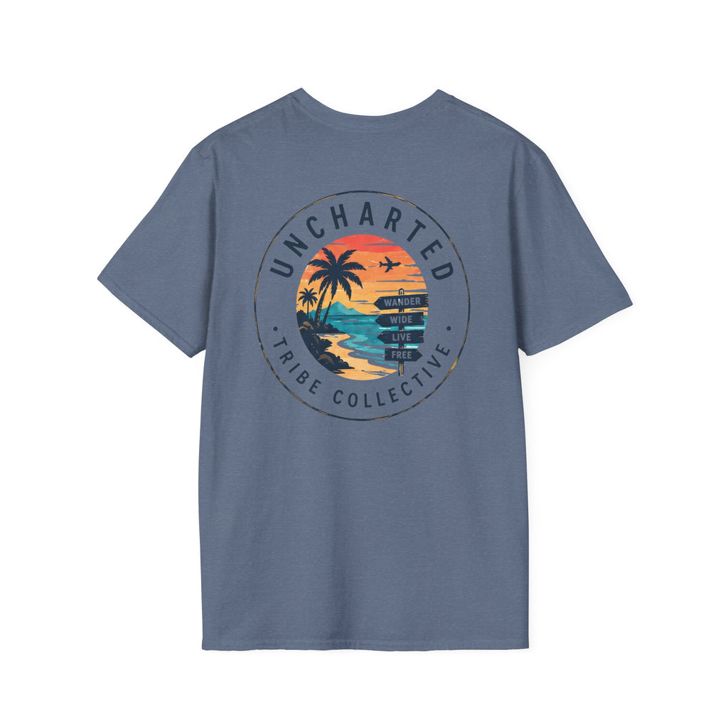 Uncharted Tribe Collective T-Shirt — Shoreline Seal in Heather Indigo, back view.
