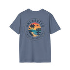 Uncharted Tribe Collective T-Shirt — Shoreline Seal in Heather Indigo, back view.