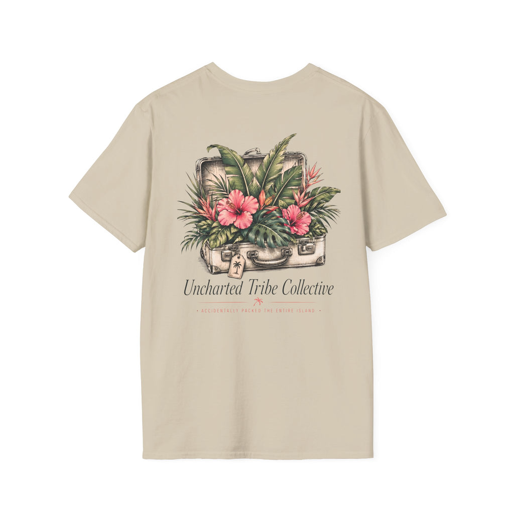 Packed the Island T-Shirt in Sand, back view.
