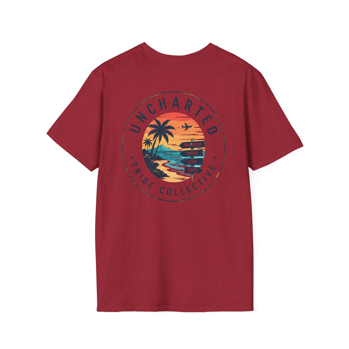 Uncharted Tribe Collective T-Shirt — Shoreline Seal in Antique Cherry Red, back view.
