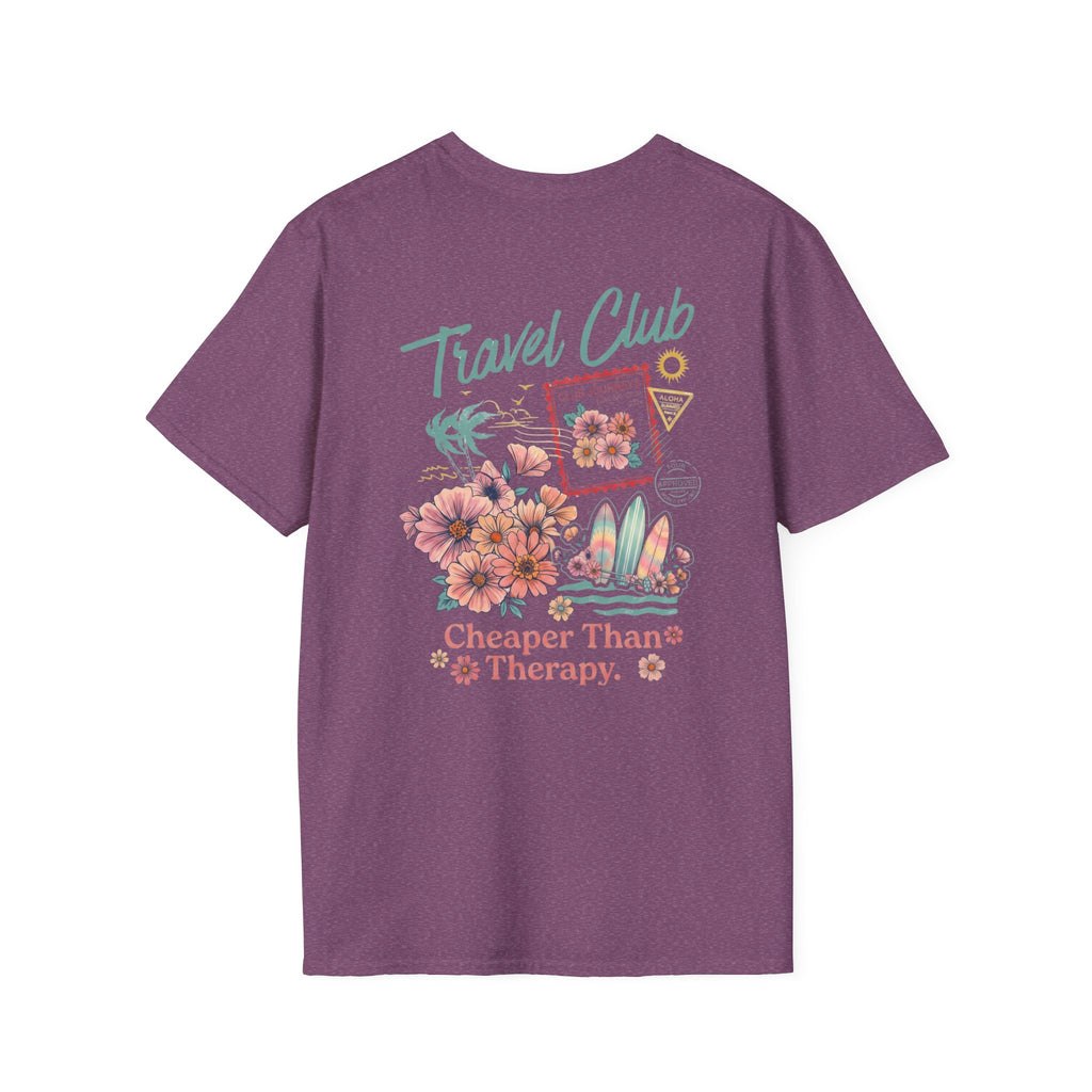 Travel Club T-Shirt in Heather Maroon, back view.