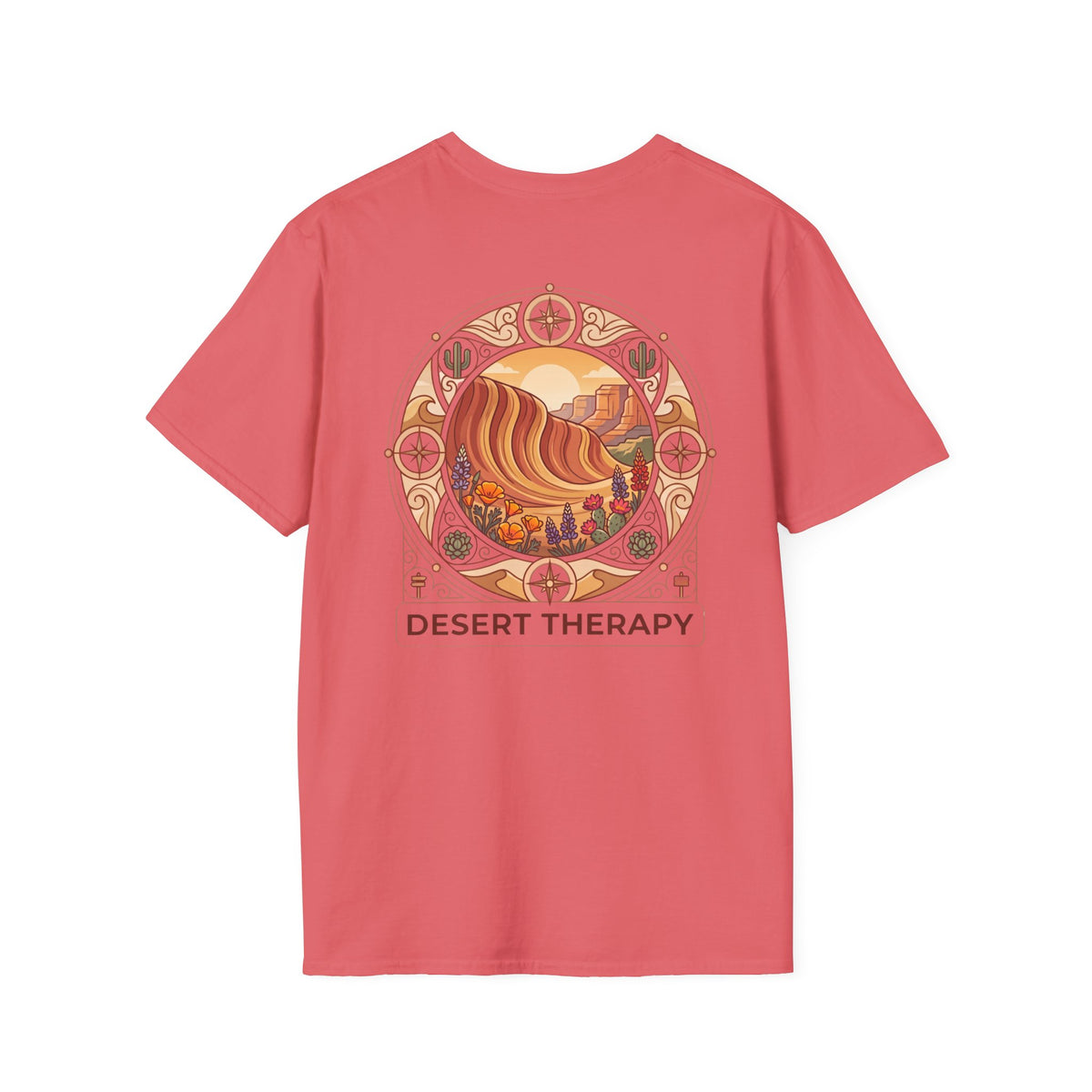 Desert Therapy T-Shirt — Desert Arch in Coral Silk, back view.