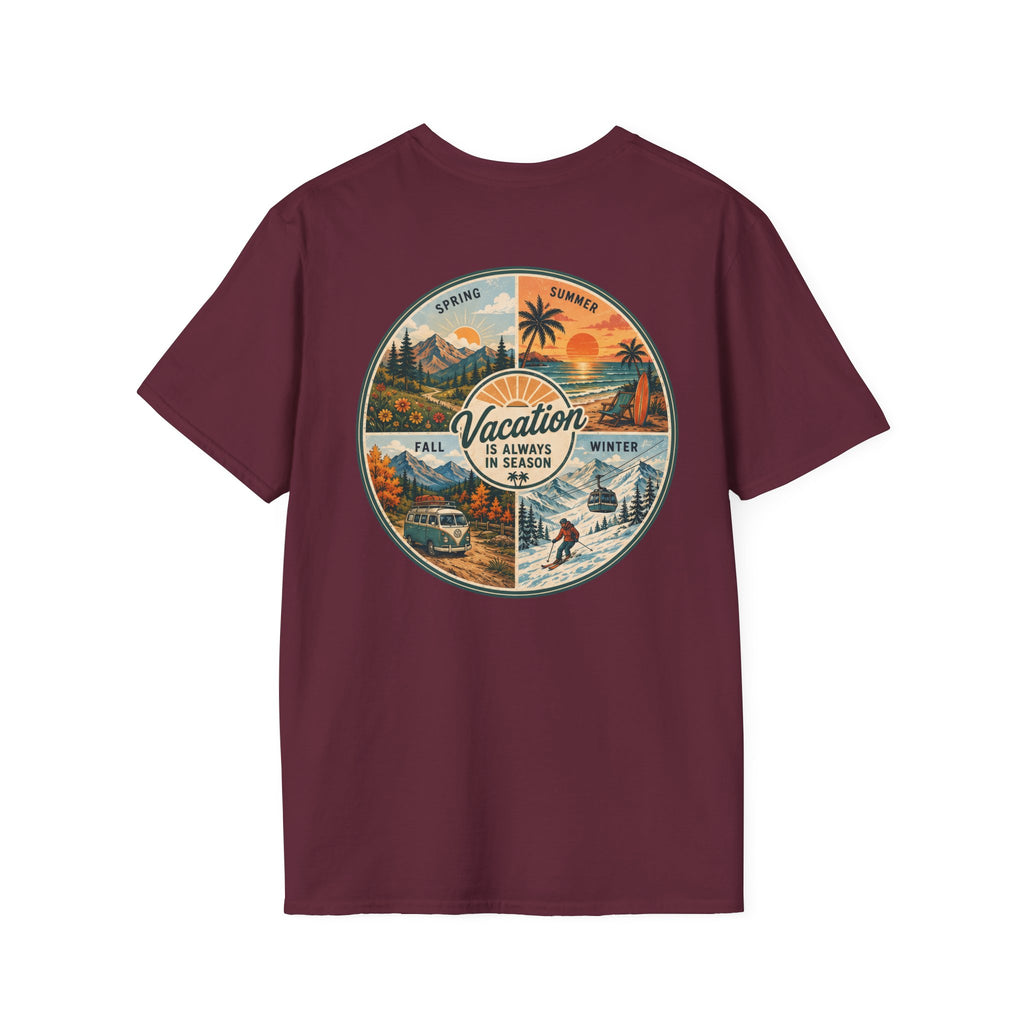 Vacation is Always in Season T-Shirt in Maroon, back view.