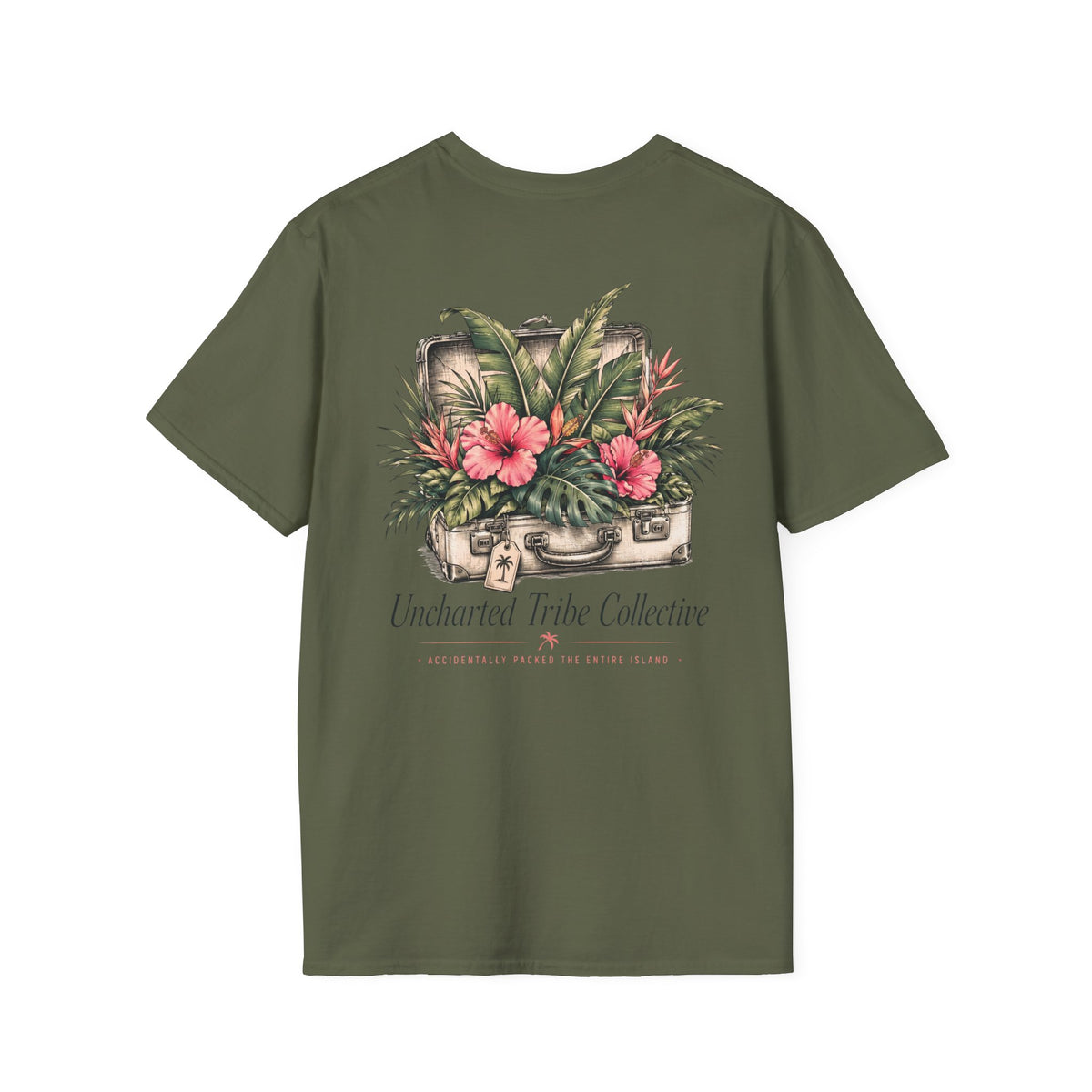Packed the Island T-Shirt in Military Green, back view.