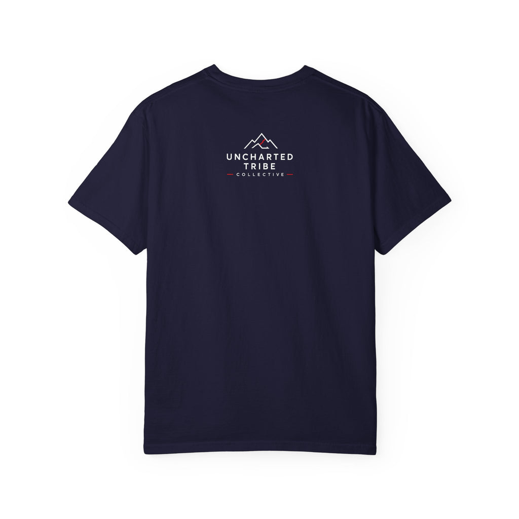 Floral Camera T-shirt in True Navy, back view with a small upper-back logo.