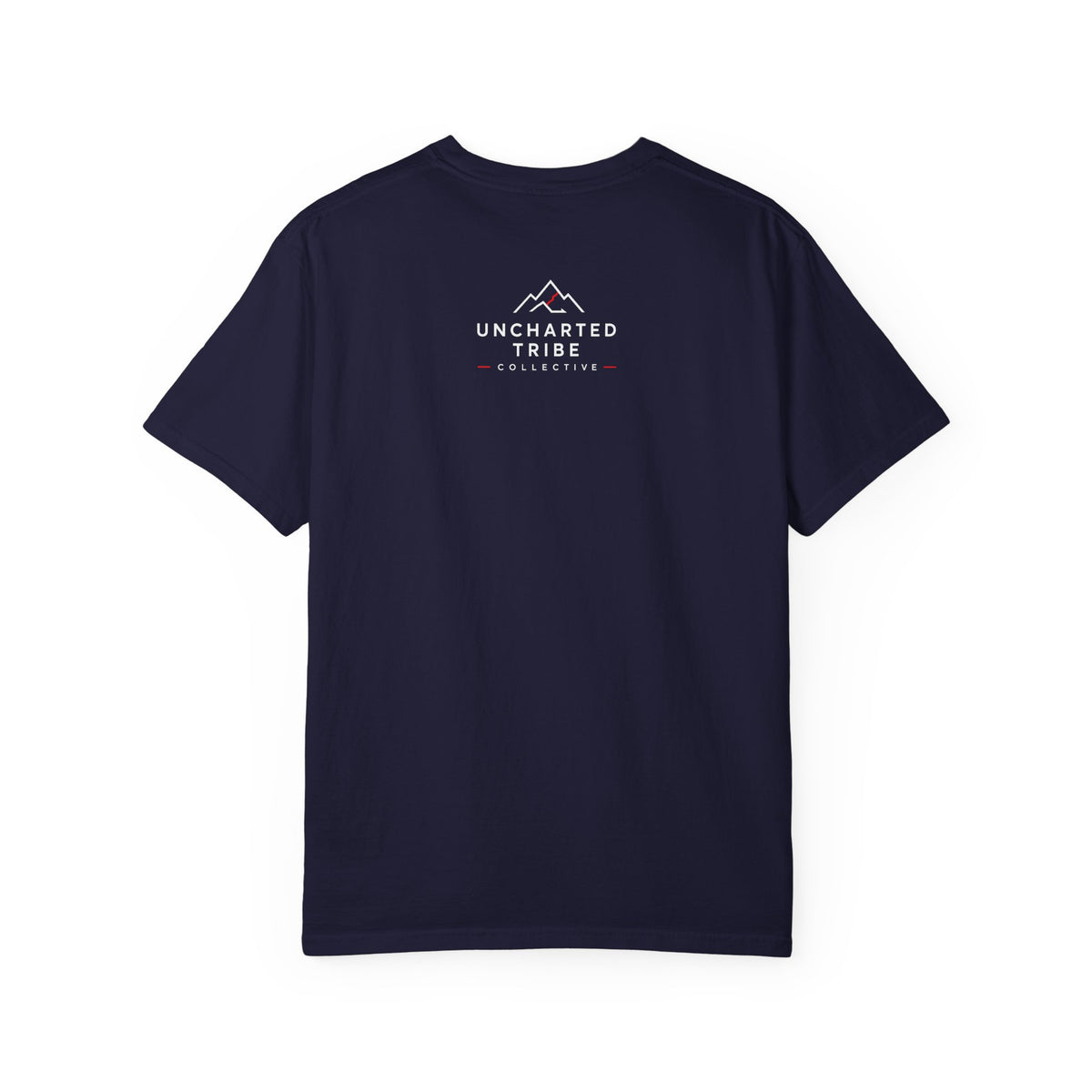 Floral Camera T-shirt in True Navy, back view with a small upper-back logo.