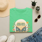 Floral Camper Van 2 T-Shirt in Heather Irish Green, folded front flat lay.
