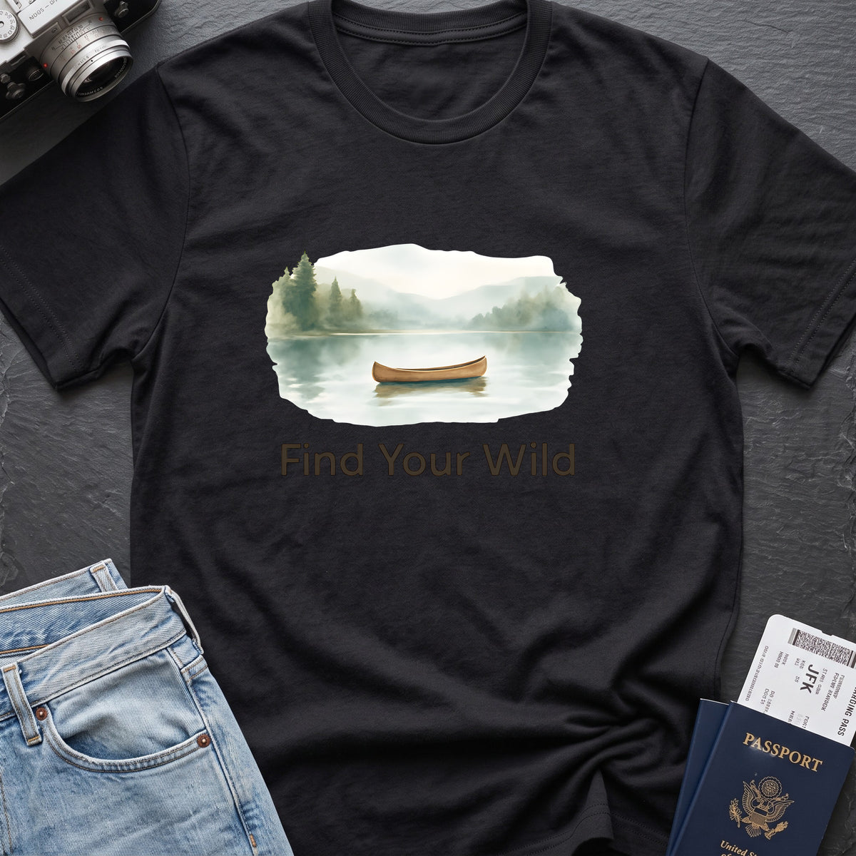Find Your Wild T-Shirt — Black — front mockup at recorded production print size