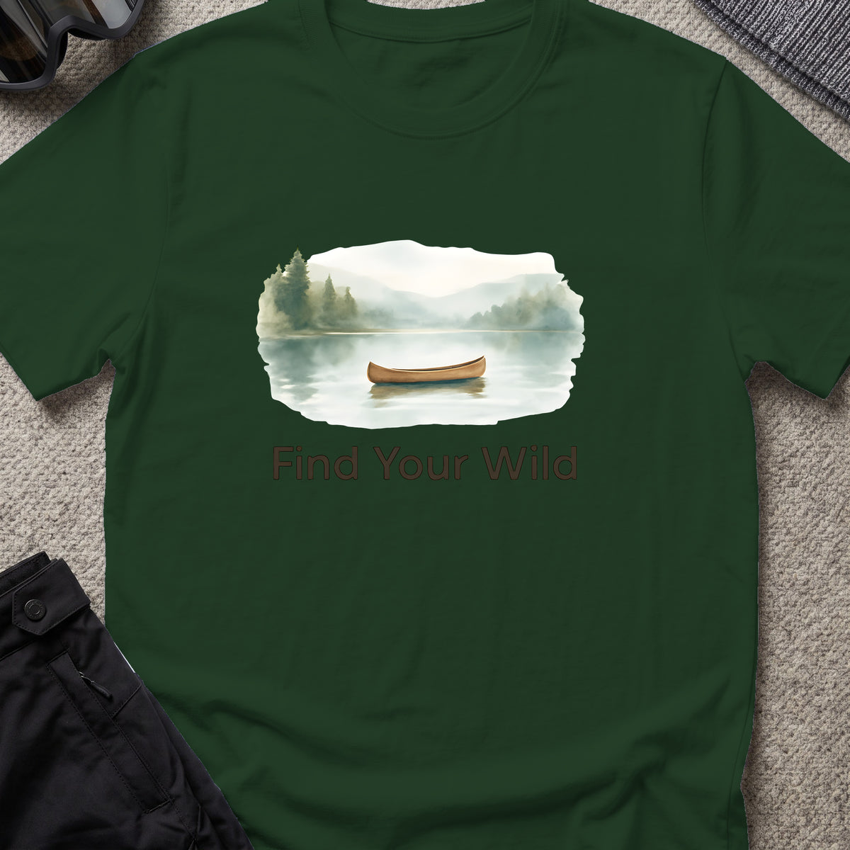 Find Your Wild T-Shirt — Forest Green — front mockup at recorded production print size