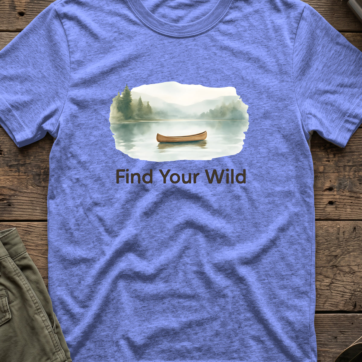 Find Your Wild T-Shirt — Heather Royal — front mockup at recorded production print size