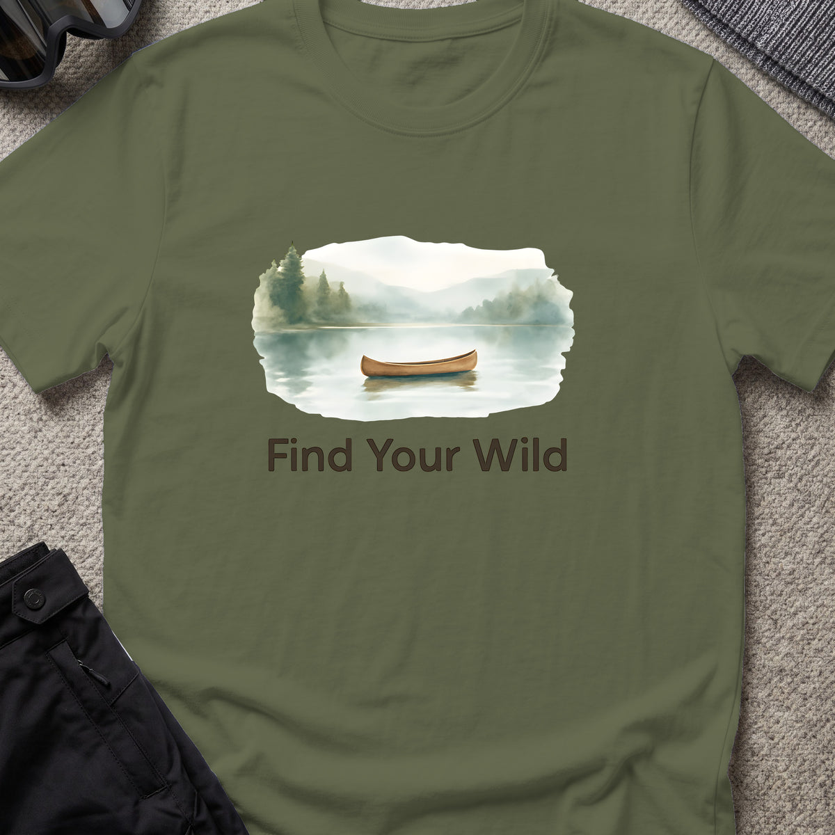 Find Your Wild T-Shirt — Military Green — front mockup at recorded production print size