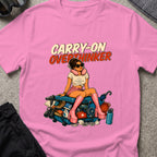 Carry-On Overthinker 2 T-Shirt — Azalea — front mockup at recorded production print size