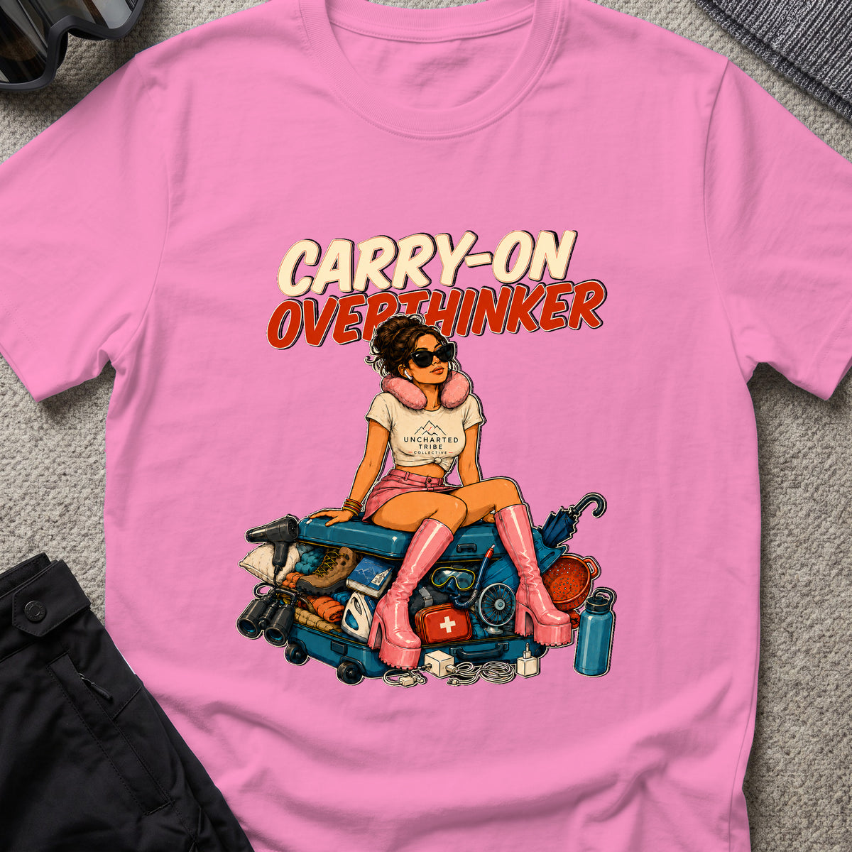 Carry-On Overthinker 2 T-Shirt — Azalea — front mockup at recorded production print size