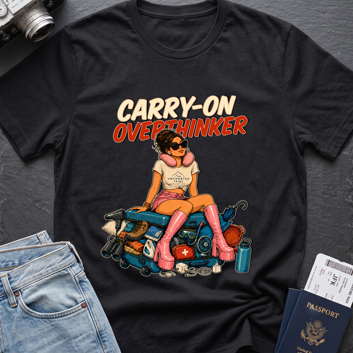 Carry-On Overthinker 2 T-Shirt — Black — front mockup at recorded production print size