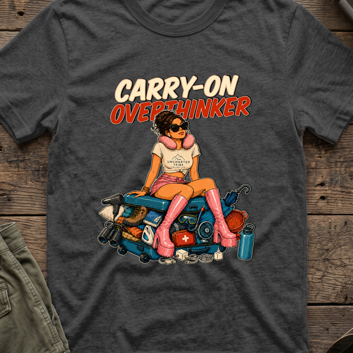 Carry-On Overthinker 2 T-Shirt — Dark Heather — front mockup at recorded production print size