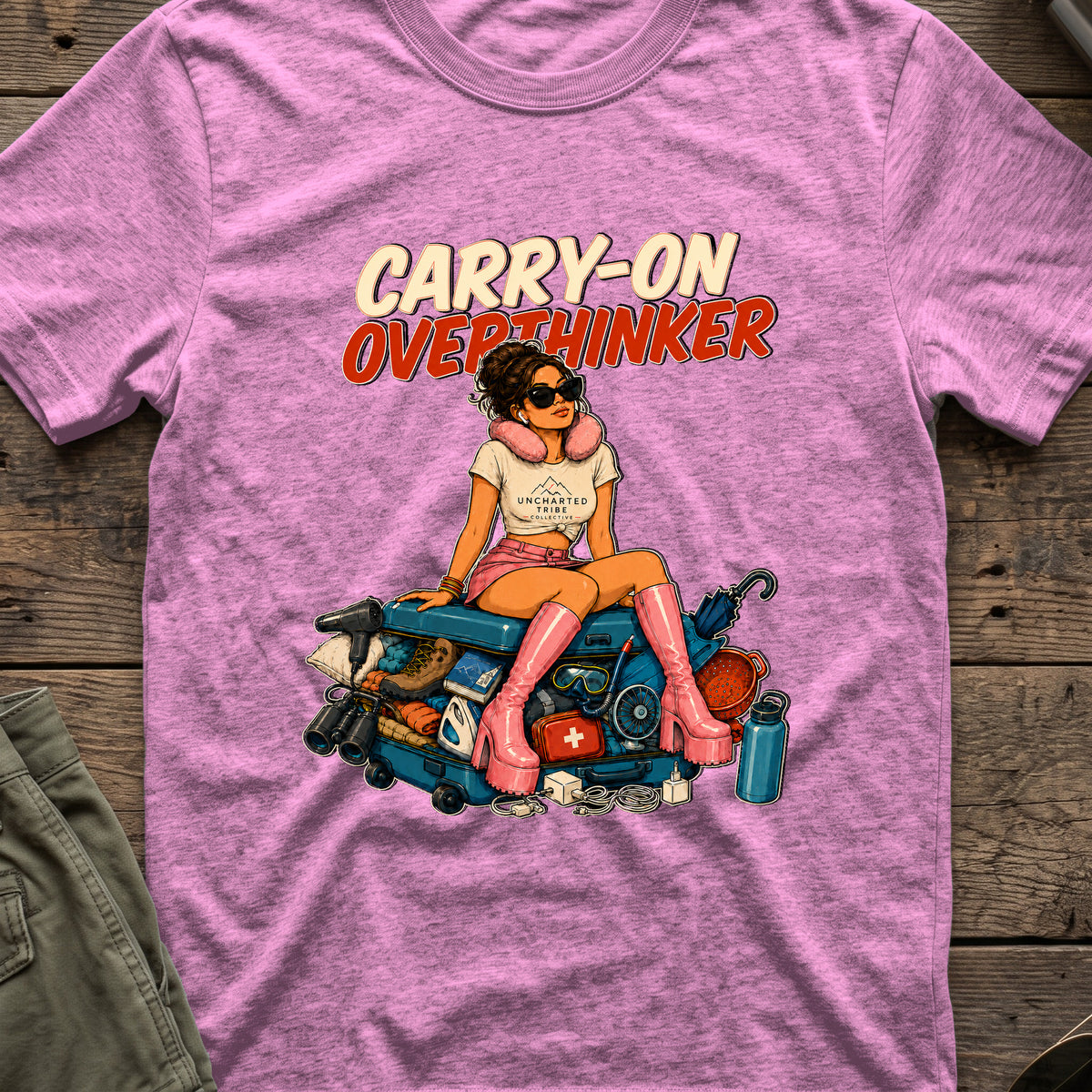 Carry-On Overthinker 2 T-Shirt — Heather Radiant Orchid — front mockup at recorded production print size