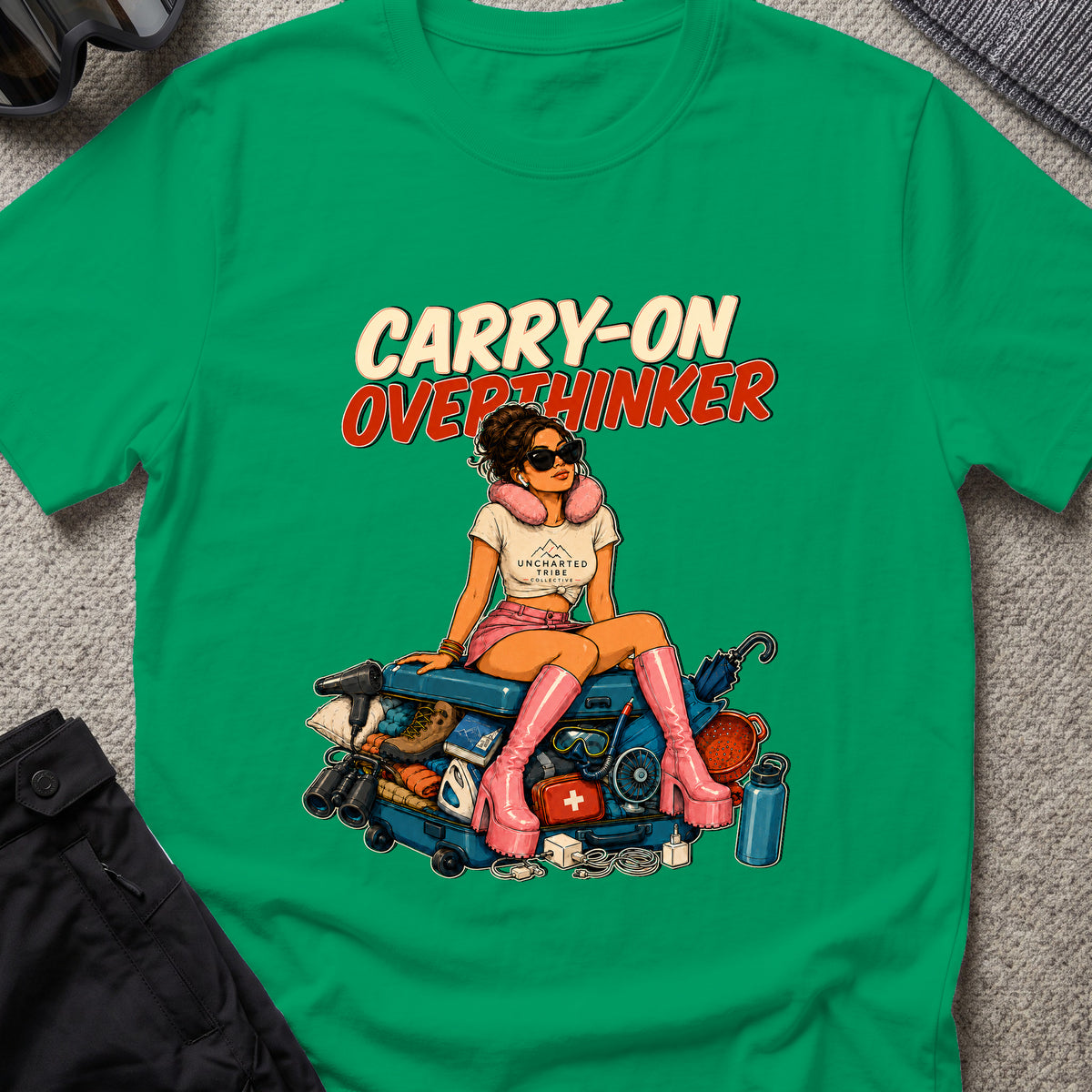 Carry-On Overthinker 2 T-Shirt — Kelly Green — front mockup at recorded production print size
