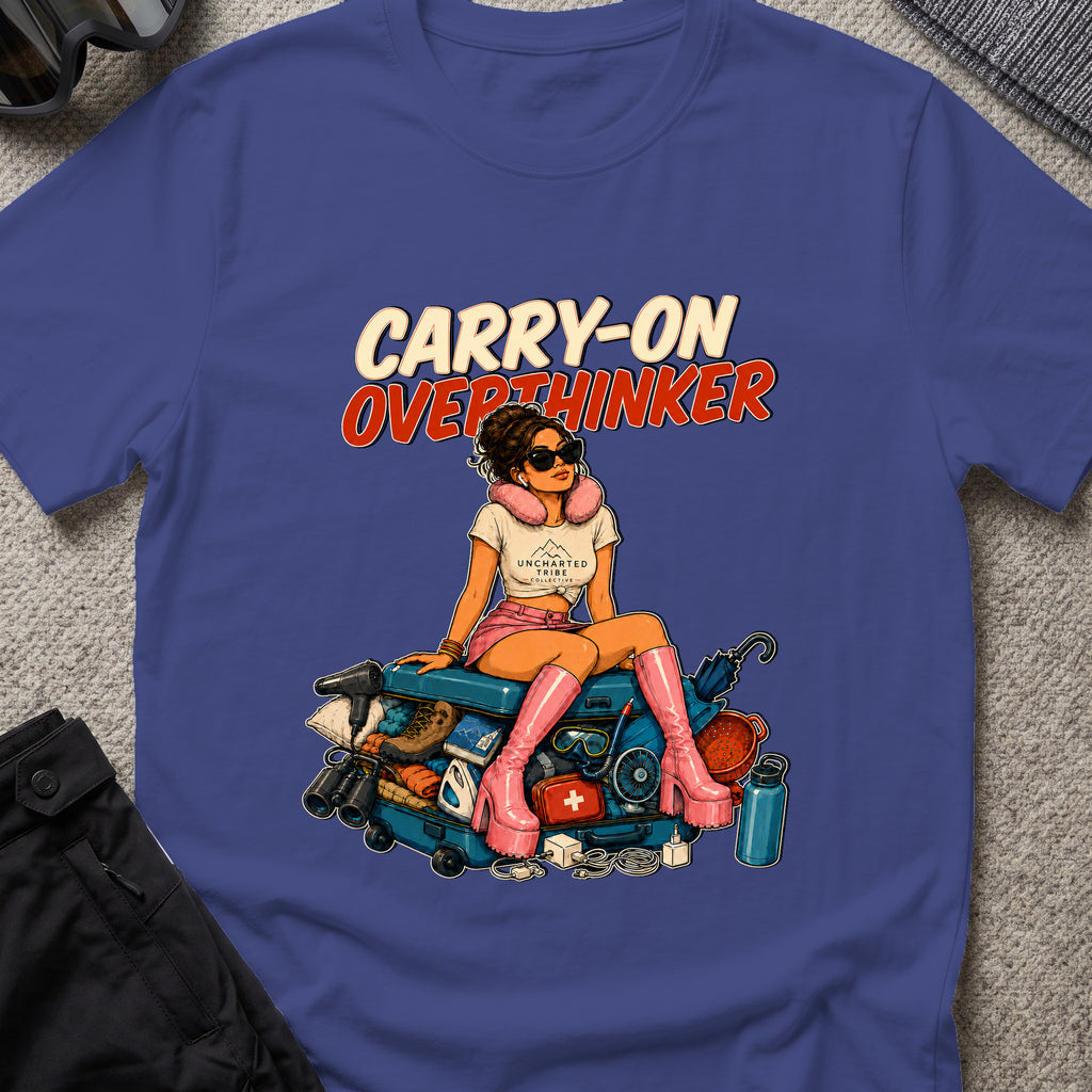 Carry-On Overthinker 2 T-Shirt — Metro Blue — front mockup at recorded production print size