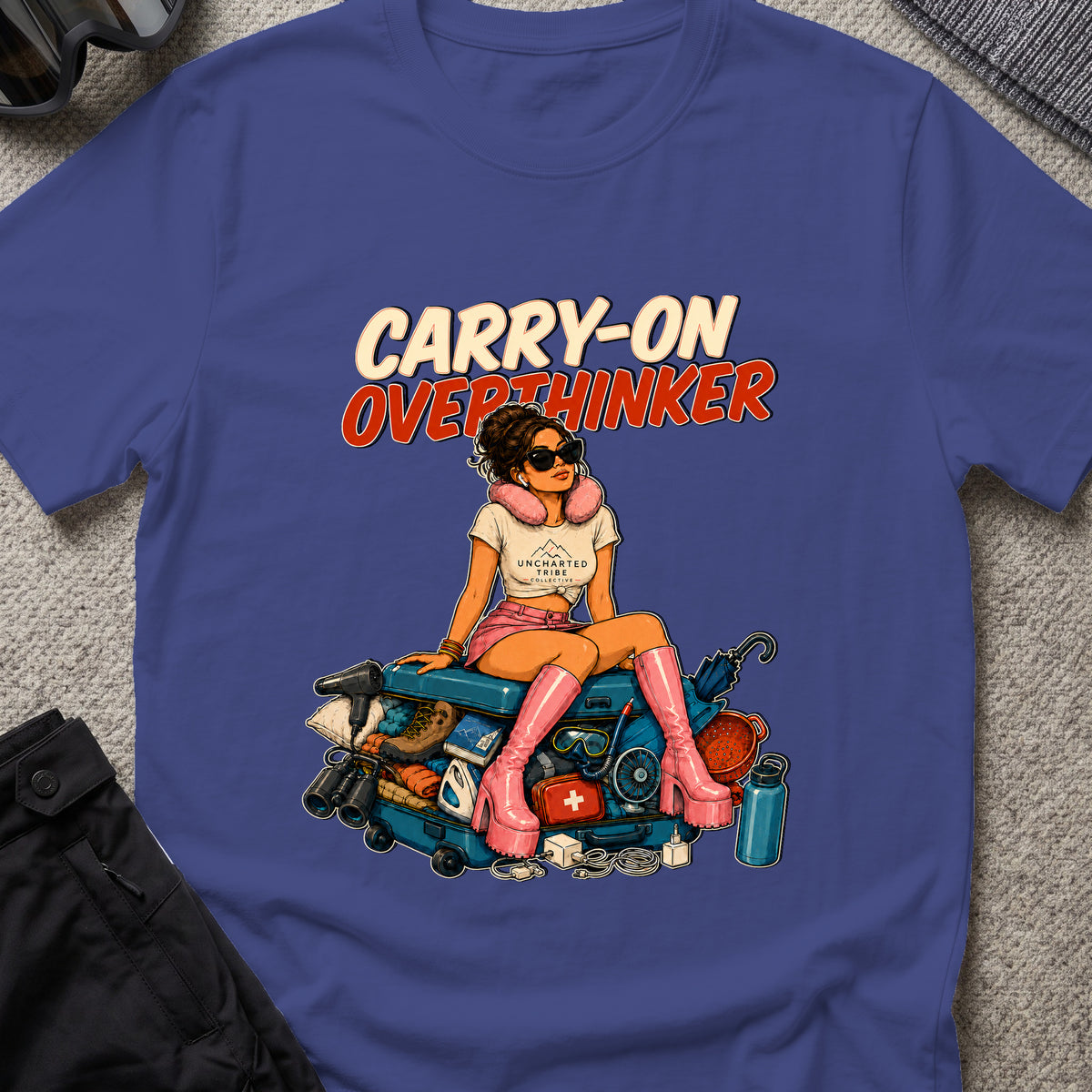 Carry-On Overthinker 2 T-Shirt — Metro Blue — front mockup at recorded production print size