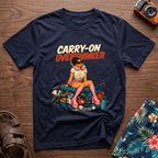 Carry-On Overthinker 2 T-Shirt — Navy — front mockup at recorded production print size
