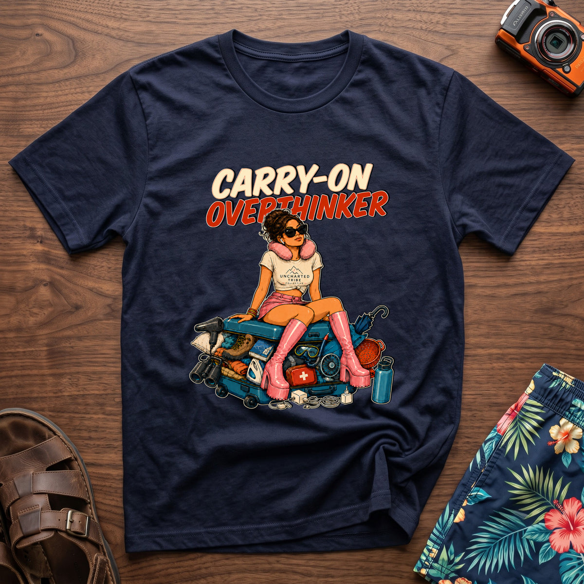 Carry-On Overthinker 2 T-Shirt — Navy — front mockup at recorded production print size
