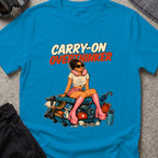 Carry-On Overthinker 2 T-Shirt — Sapphire — front mockup at recorded production print size