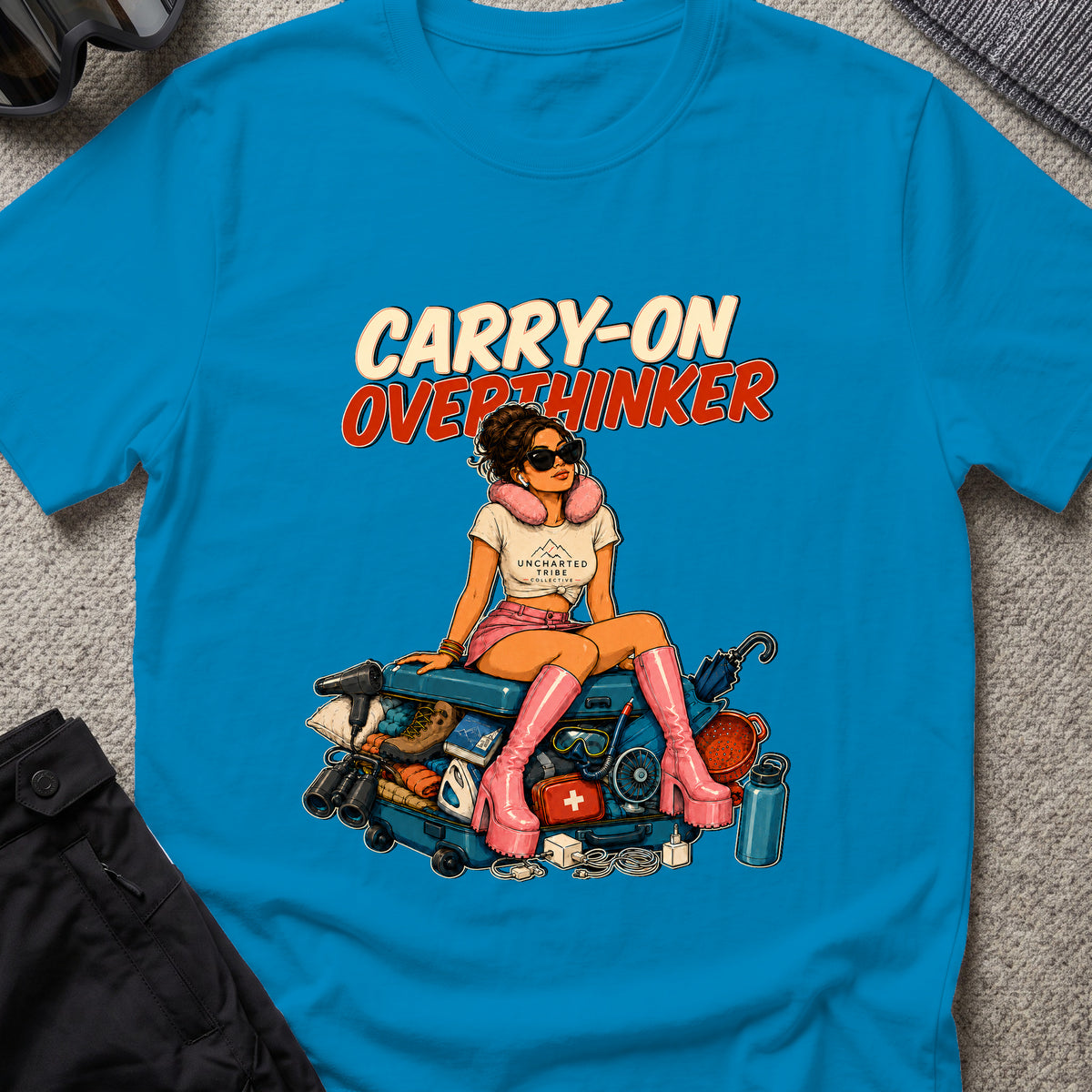 Carry-On Overthinker 2 T-Shirt — Sapphire — front mockup at recorded production print size