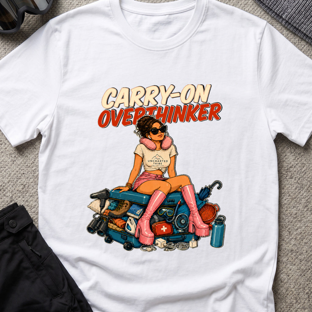 Carry-On Overthinker 2 T-Shirt — White — front mockup at recorded production print size