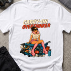 Carry-On Overthinker 2 T-Shirt — White — front mockup at recorded production print size