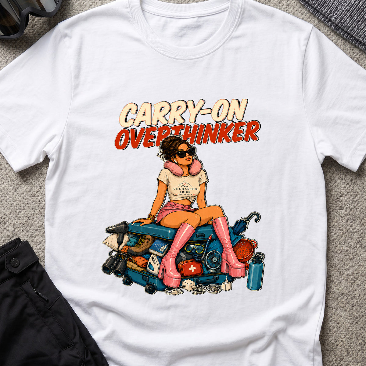 Carry-On Overthinker 2 T-Shirt — White — front mockup at recorded production print size