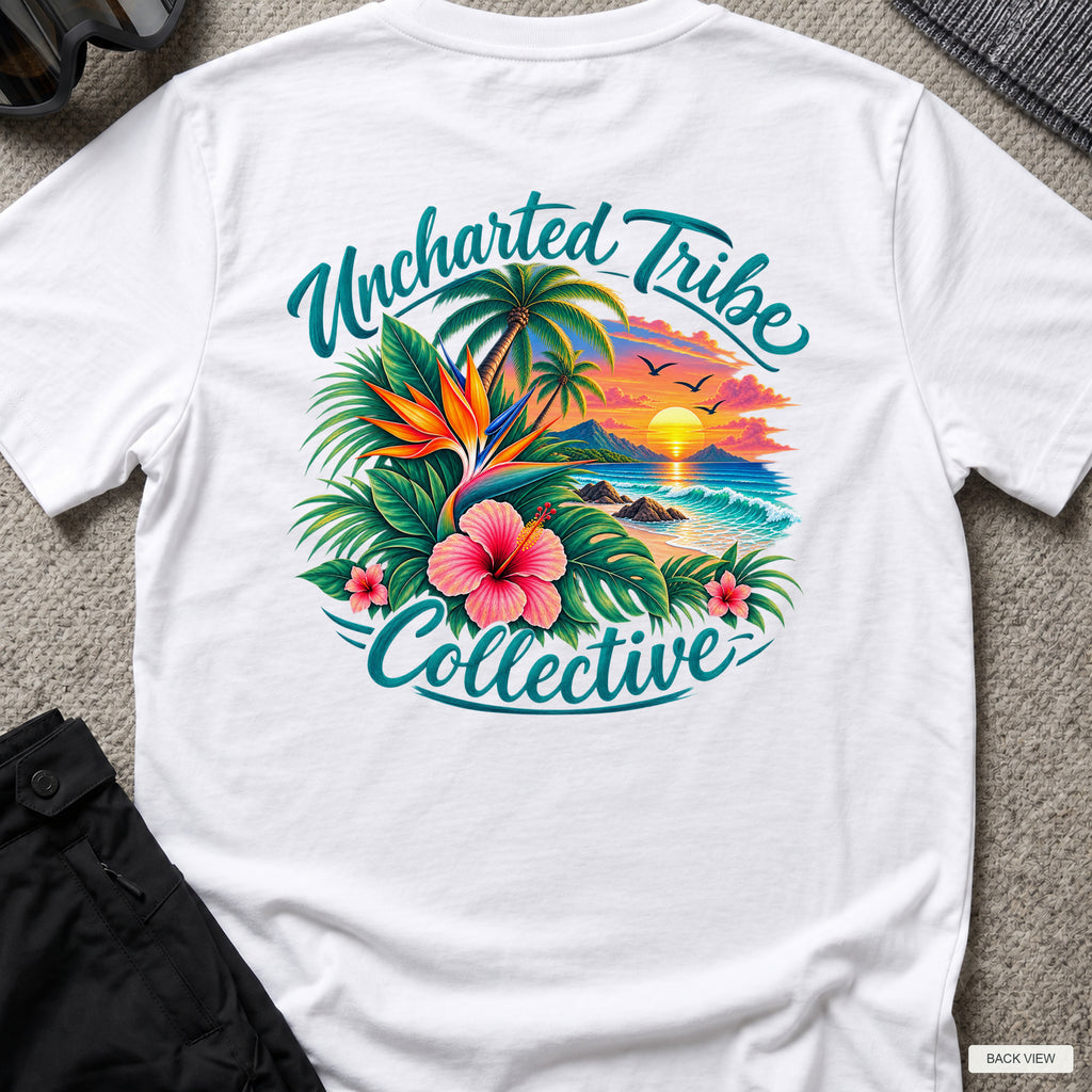 Island Vibes 2 T-Shirt in White, back view showing the printed rear design on a flat-laid T-shirt.