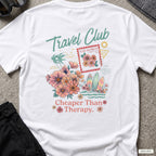 Travel Club T-Shirt in White, back view showing the printed rear design on a flat-laid T-shirt.