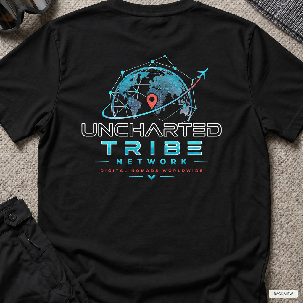 Uncharted Tribe Network — Cyber Tee in Black, back view showing the printed rear design on a flat-laid T-shirt.