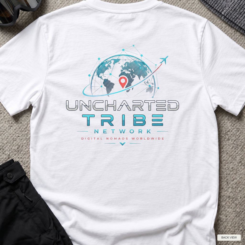 Uncharted Tribe Network — Cyber Tee in White, back view showing the printed rear design on a flat-laid T-shirt.