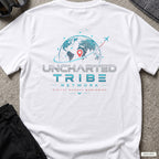 Uncharted Tribe Network — Cyber Tee in White, back view showing the printed rear design on a flat-laid T-shirt.