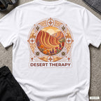 Desert Therapy T-Shirt — Desert Arch in White, back view showing the printed rear design on a flat-laid T-shirt.