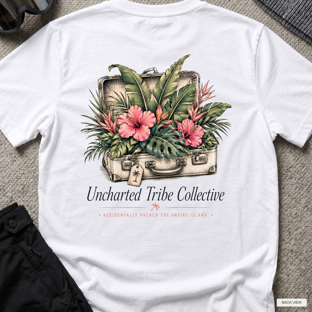 Packed the Island T-Shirt in White, back view showing the printed rear design on a flat-laid T-shirt.