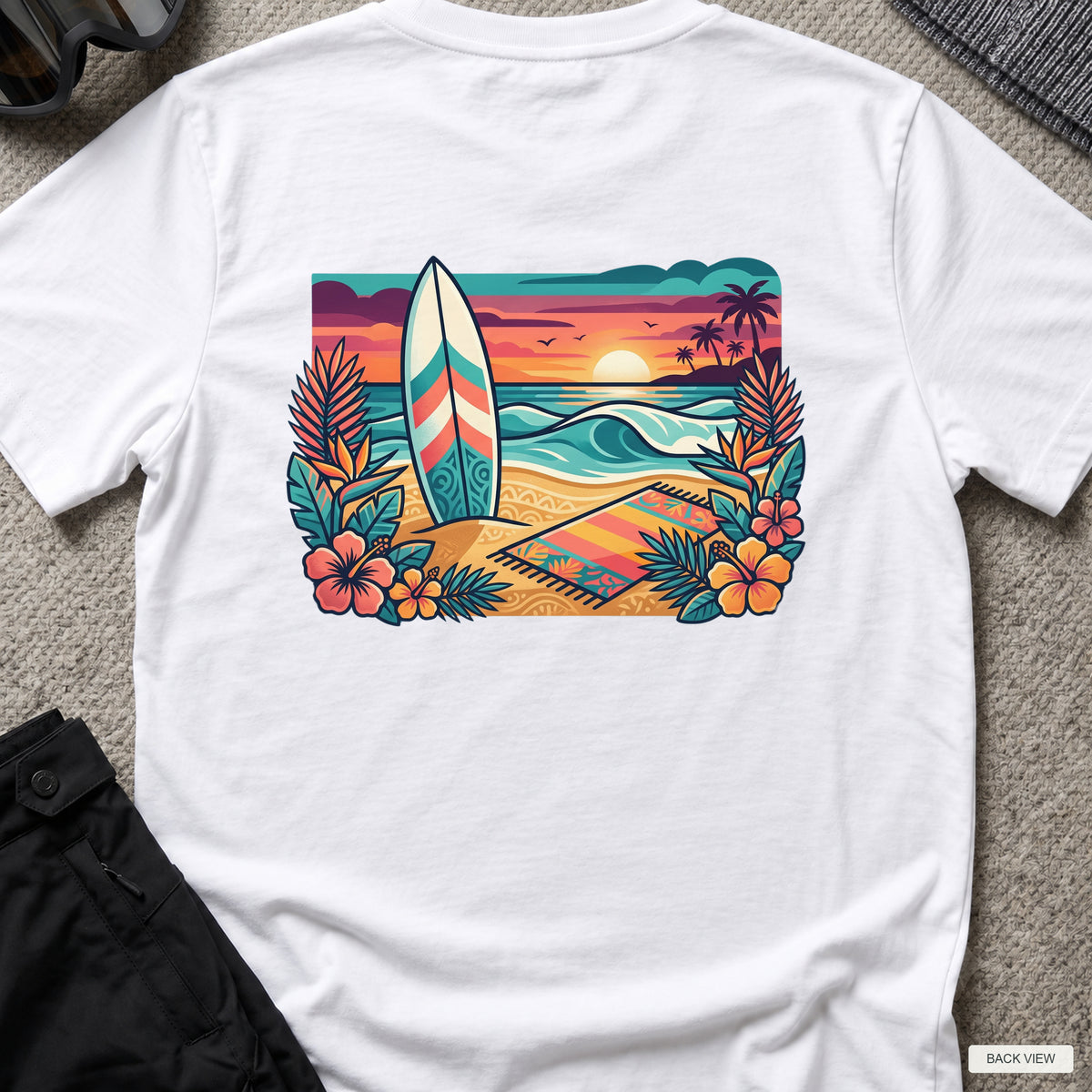 Surfs Up T-Shirt in White, back view showing the printed rear design on a flat-laid T-shirt.