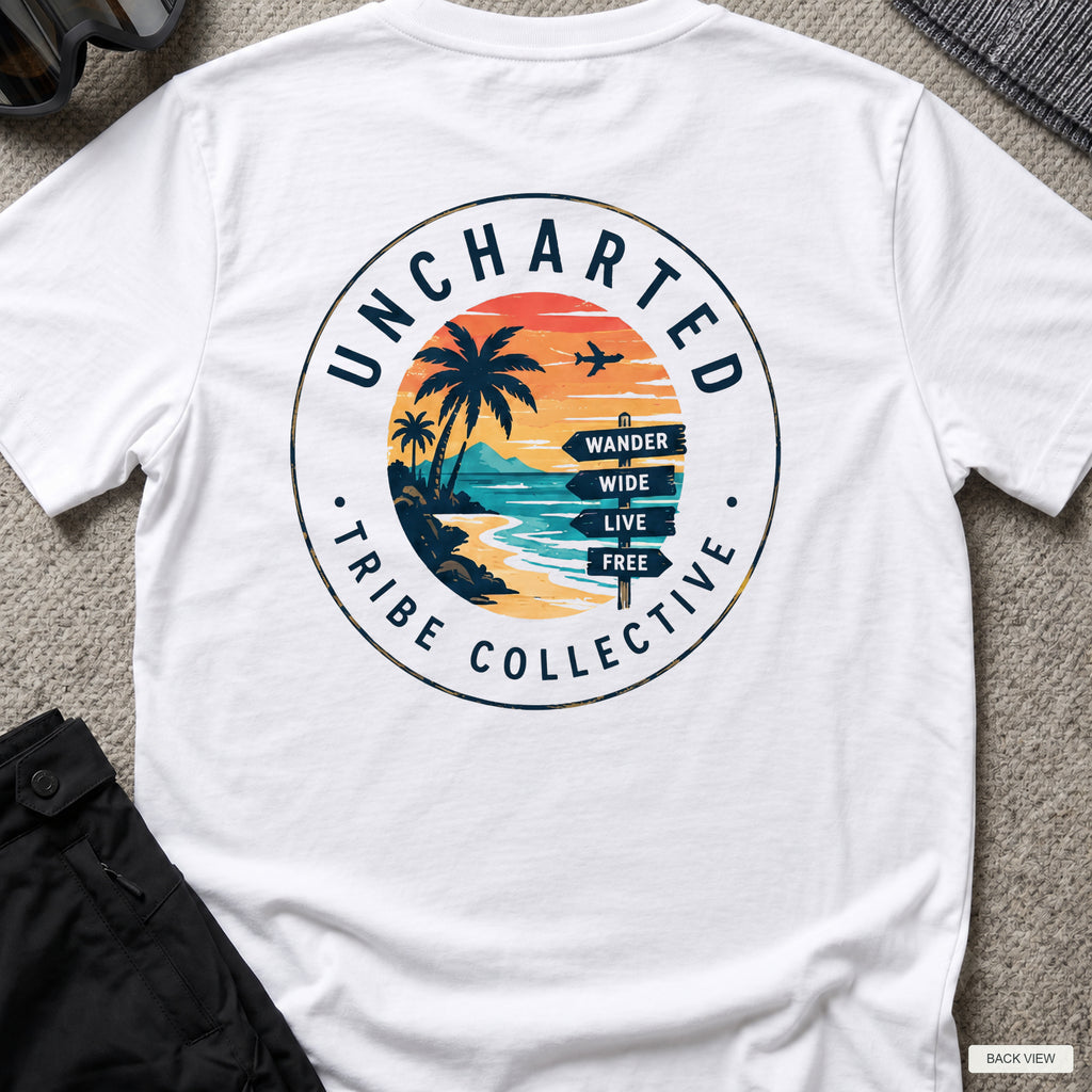 Uncharted Tribe Collective T-Shirt — Shoreline Seal in White, back view showing the printed rear design on a flat-laid T-shirt.