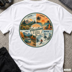 Vacation is Always in Season T-Shirt in White, back view showing the printed rear design on a flat-laid T-shirt.